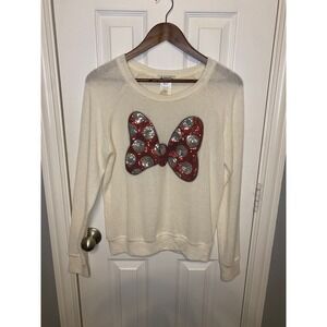 Disney Parks Womens Medium Cream‎ Minnie Mouse Sequin Bow Long Sleeve Sweater
